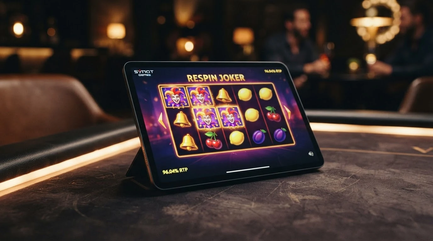 Hrací automat Respin Joker s pěti válci, ovocnými symboly a barevným rozhraním