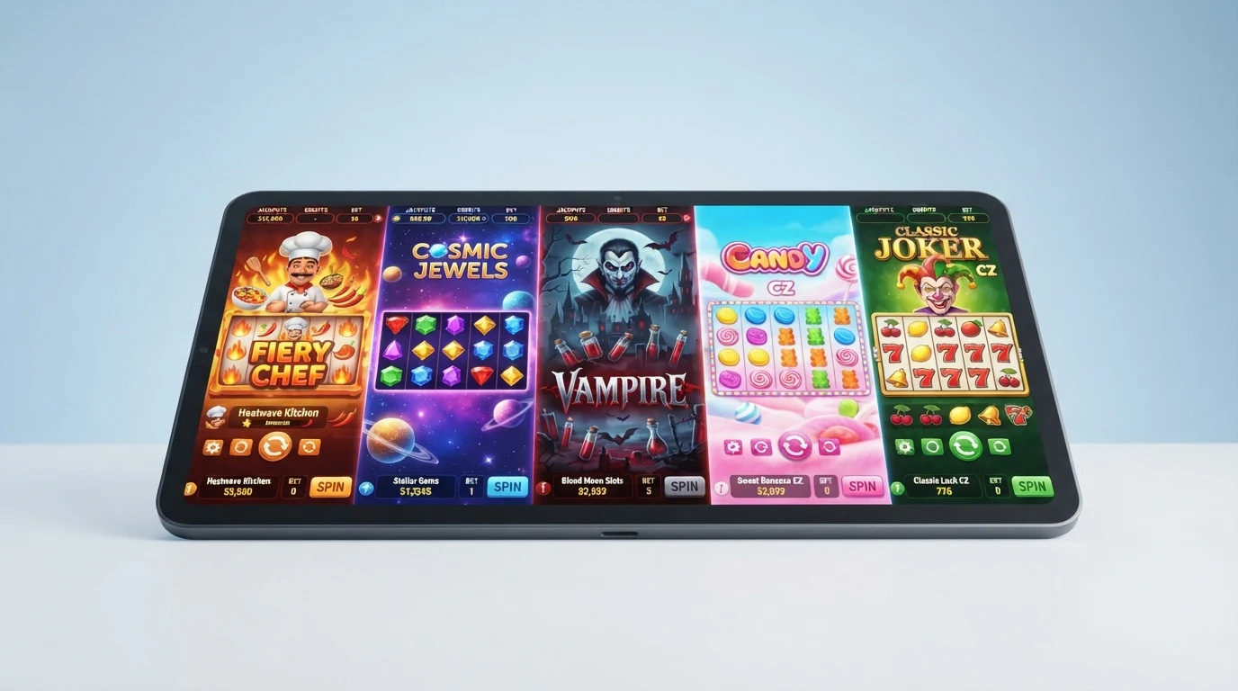 Koláž pěti oblíbených automatů — Sweet Bonanza, Starburst, Blood Suckers 2, Gordon Ramsay Hell's Kitchen a Respin Joker — na obrazovce tabletu