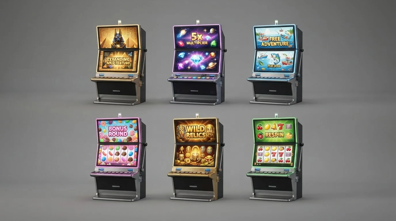 Koláž šesti automatů z přehledové tabulky — Book of Dead, Starburst, Big Bass Bonanza, Sweet Bonanza, Gonzo's Quest a Respin Joker — seřazených podle RTP