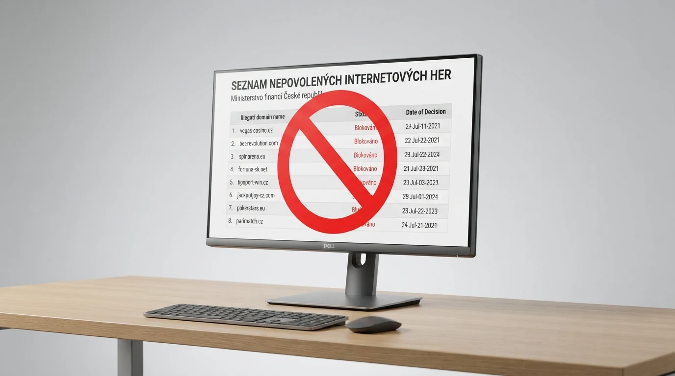 Ilustrace Seznamu nepovolených internetových her na monitoru s překryvným symbolem zablokovaného přístupu a logem Celní správy ČR