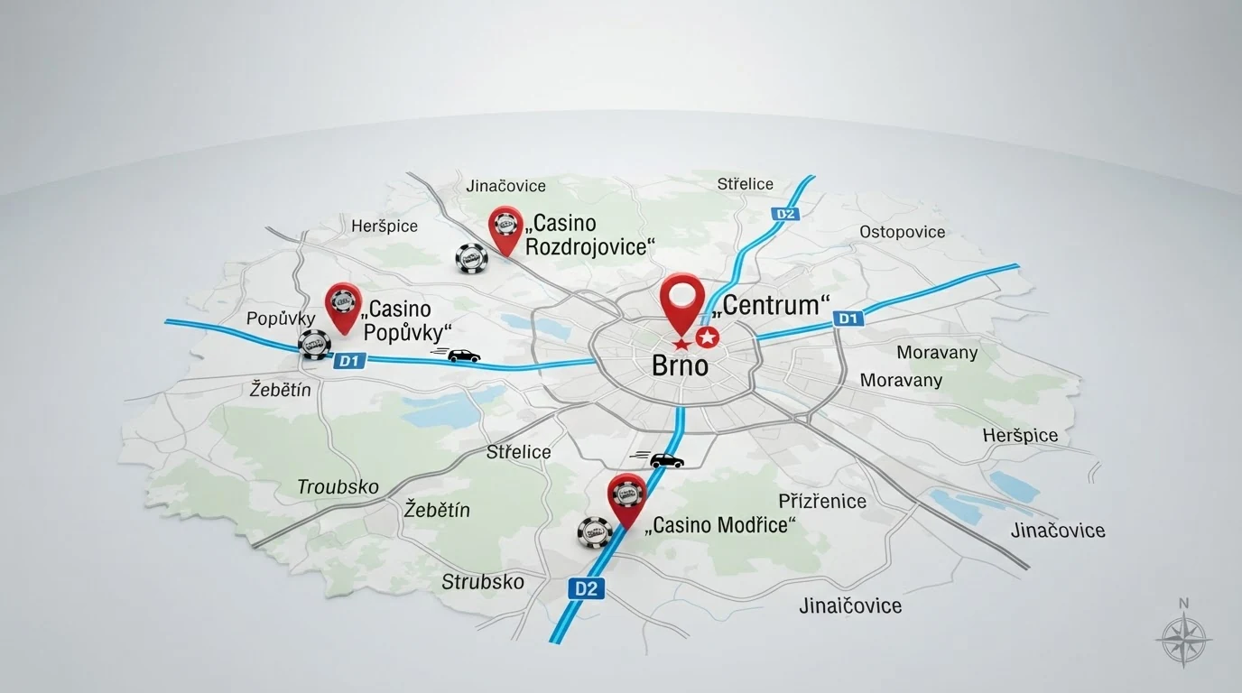 Mapa Brna a okolí s vyznačenými body — centrum, Popůvky, Rozdrojovice, Modřice — a hlavními dálničními tahy D1 a D2