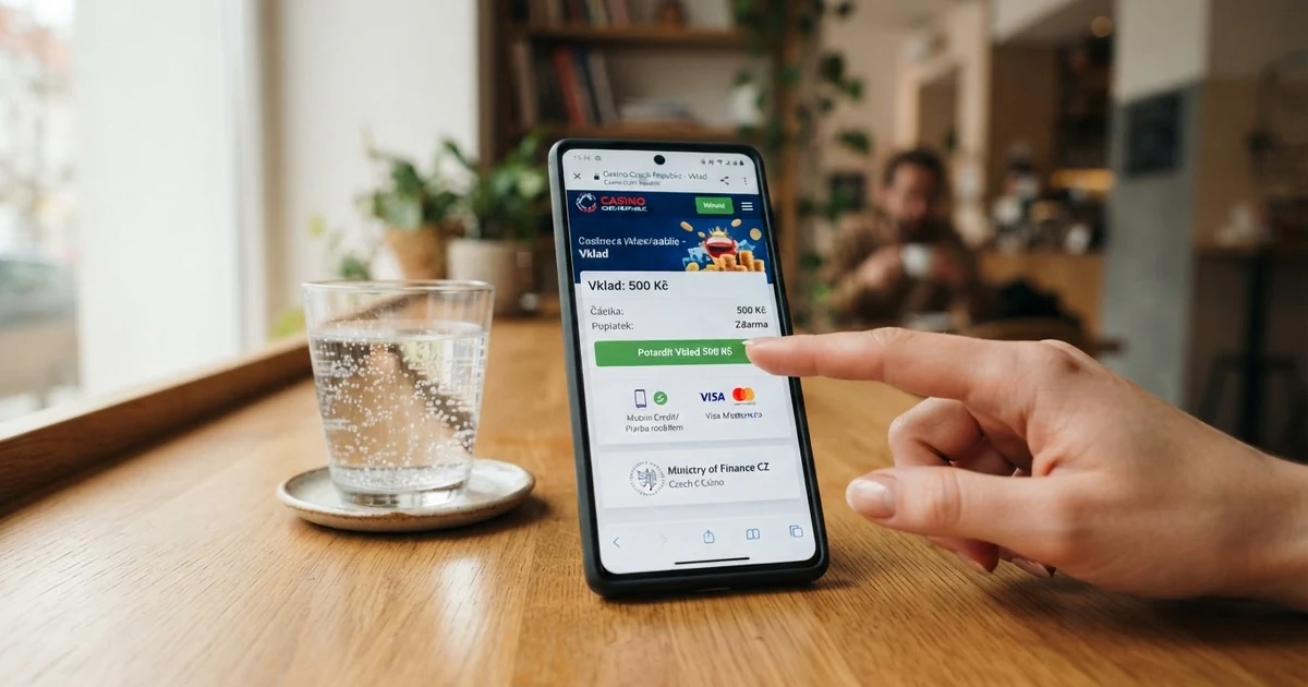 Mobilní telefon s otevřenou stránkou online casina a příchozí SMS zprávou s potvrzovacím kódem vedle sklenice s nápojem