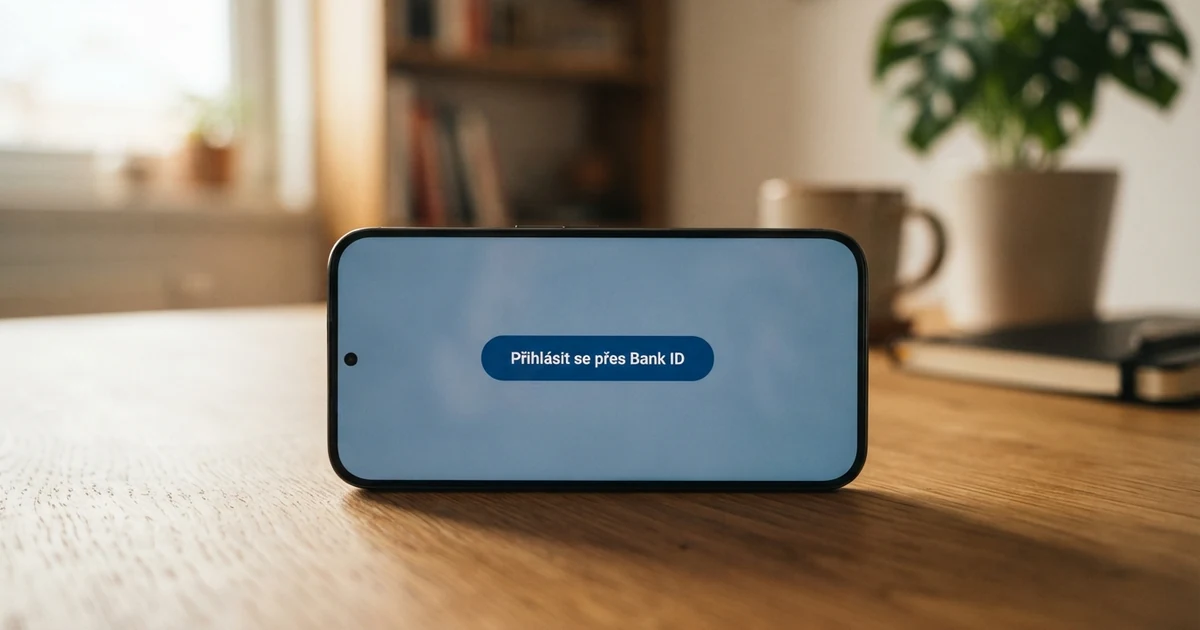 Mobilní telefon zobrazující přihlášení do internetového bankovnictví s potvrzením ověření totožnosti