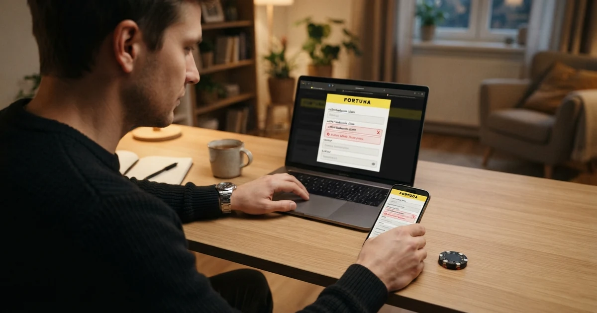 Hráč u počítače s mobilem v ruce, na obrazovce formulář registrace do online casina s viditelnou položkou „ověření bankovním účtem“ — vedle něj zamítací ikona.