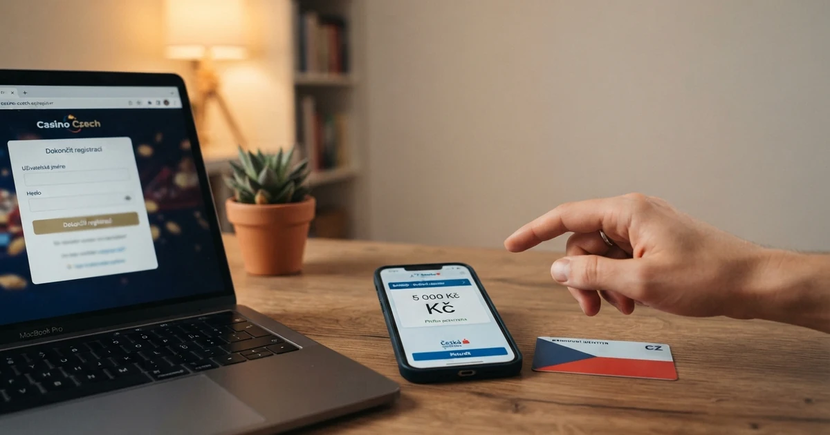Registrační formulář českého online casina na obrazovce notebooku, vedle něj občanský průkaz a mobilní telefon s BankID aplikací