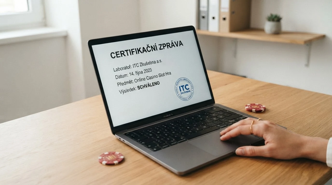 Pečeť akreditované testovací laboratoře na pozadí technické dokumentace herního systému