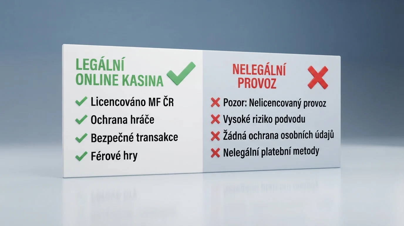 Rozdělená obrazovka: vlevo úřední výpis ze seznamu MF ČR s logem ministerstva a zvýrazněnou licencí jednoho operátora, vpravo varovná lišta s překříženým logem nelicencovaného casina a textem varování v češtině.