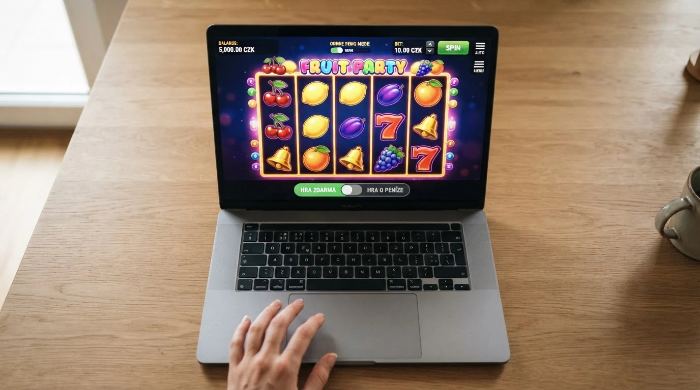 Ukázka demo režimu online automatu s virtuálním kreditem a přepínačem mezi hrou zdarma a hrou o peníze