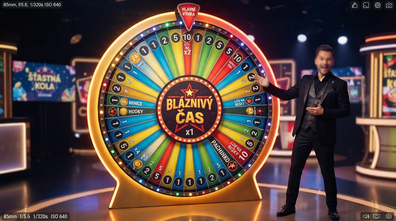 Roztočené bonusové kolo Crazy Time ve studiu Evolution Gaming s moderátorem