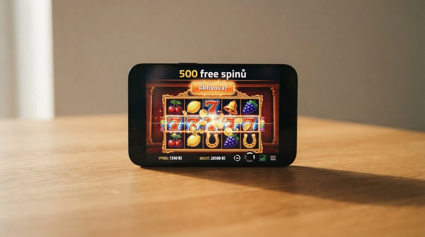 Nabídka free spinů na displeji telefonu — počet zatočení, hra a tlačítko pro aktivaci