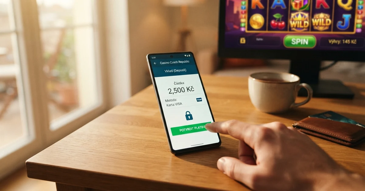 Obrazovka mobilního telefonu s platební bránou GoPay, vedle ní logo online kasina a tlačítko vkladu