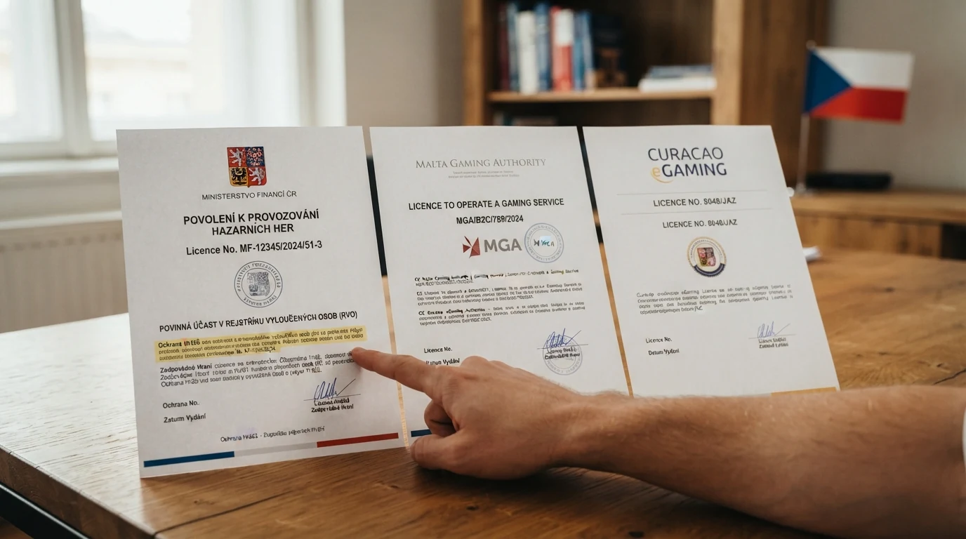 Tři vedle sebe položené úřední dokumenty — výřez z licence MF ČR, logo Malta Gaming Authority a logo Curacao eGaming — pod každým shrnutí hlavních práv hráče v bodech