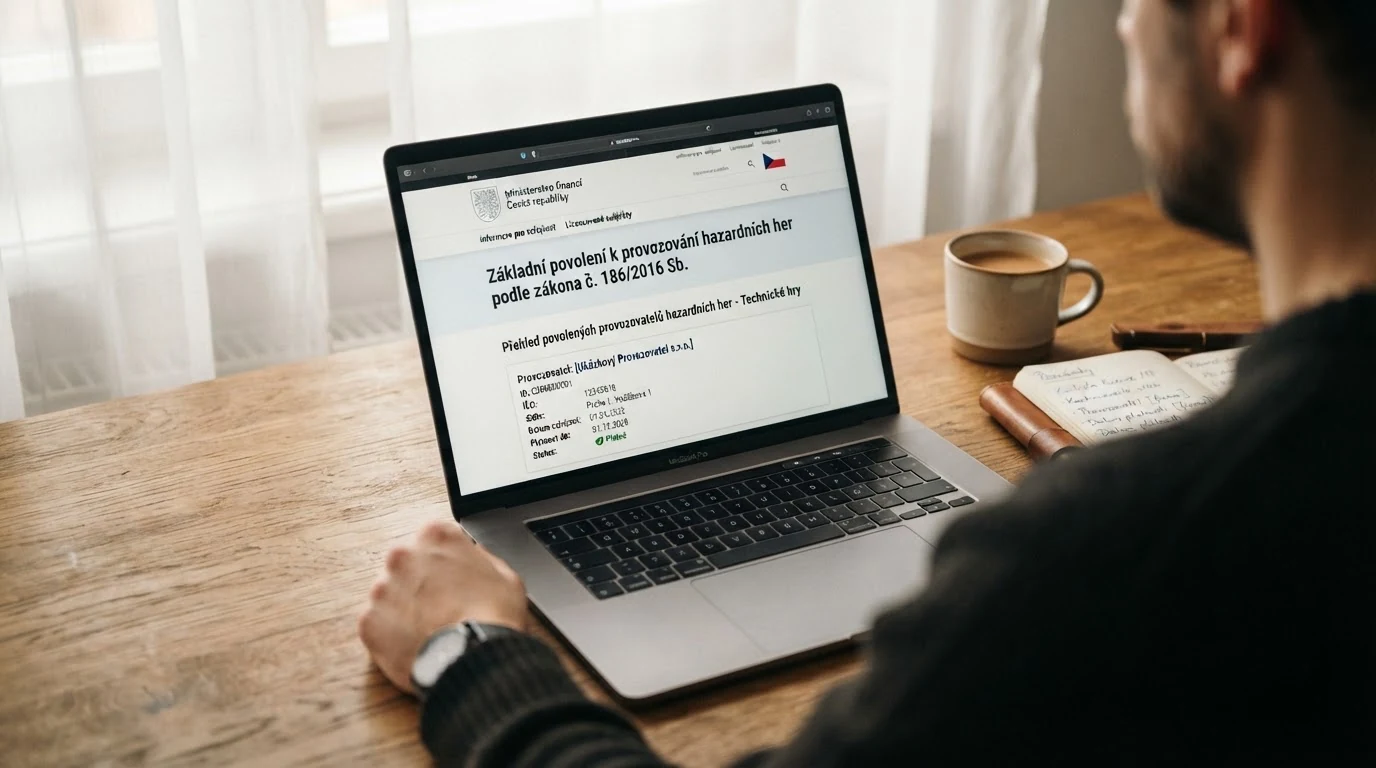 Displej s oficiální stránkou registru Ministerstva financí ČR a detailem základního povolení