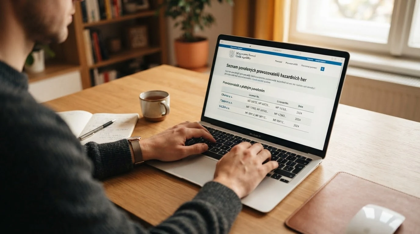 Výřez oficiálního Seznamu legálních provozovatelů hazardních her Ministerstva financí ČR s vyznačenými položkami online casin