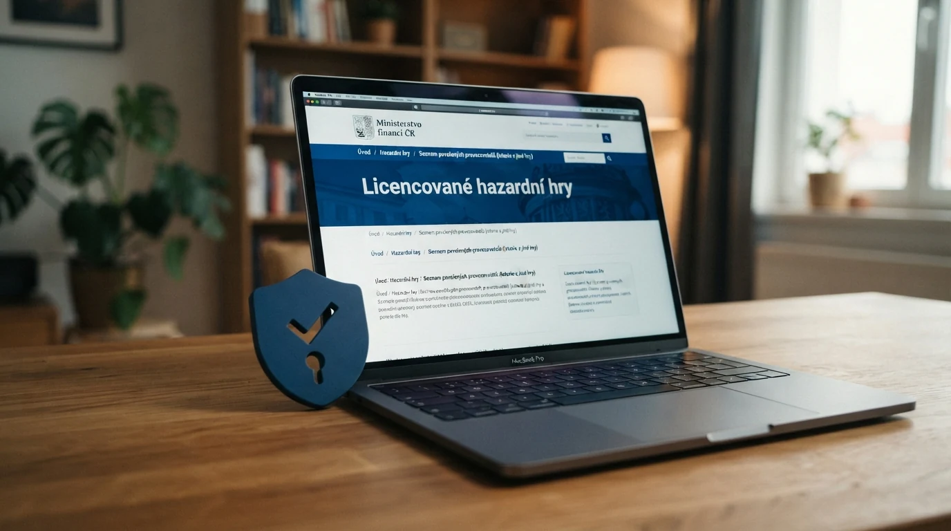 Detail obrazovky s logem Ministerstva financí ČR, symbolem licencovaného hazardu a štítem bezpečnosti — oddělení licencovaného a nelicencovaného světa