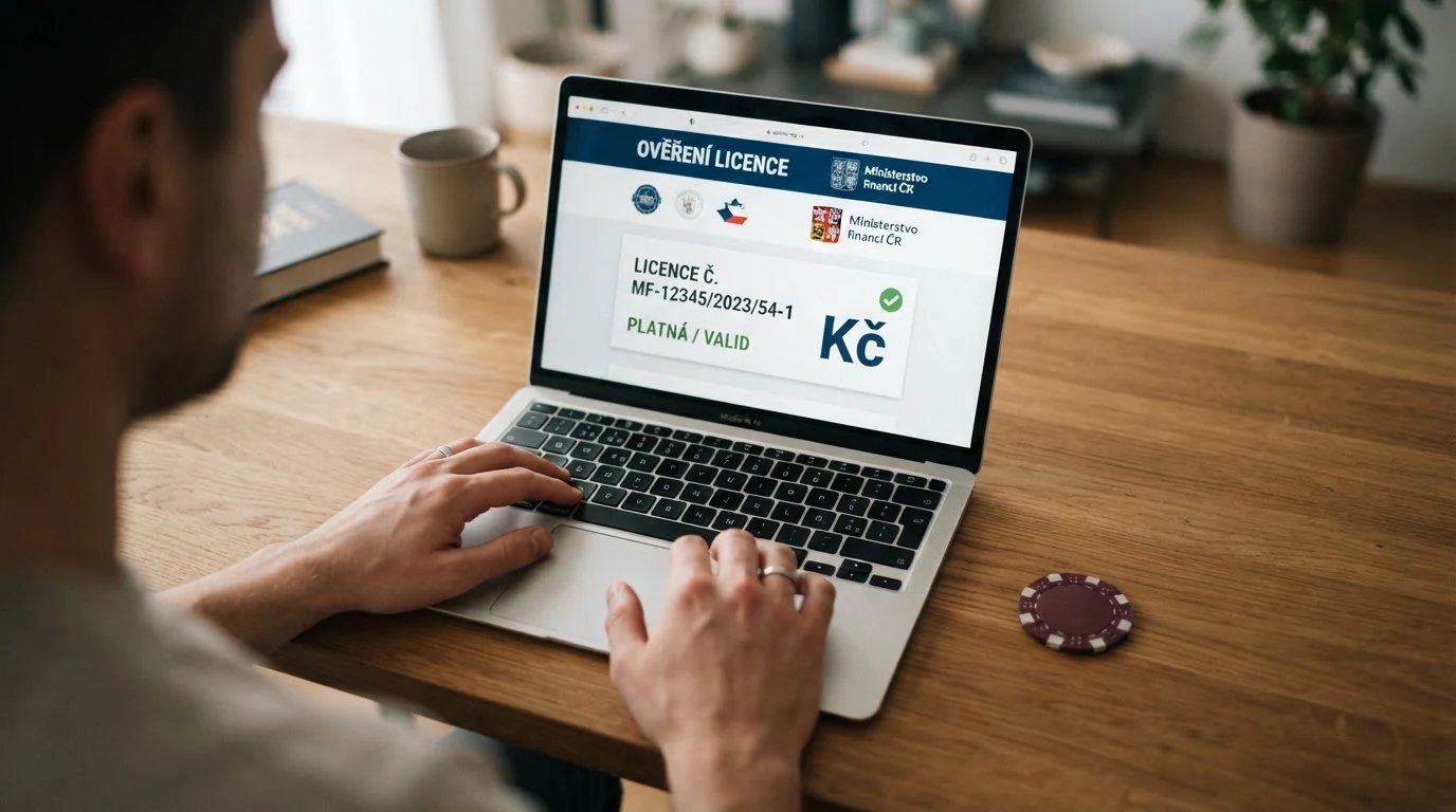 Český občanský průkaz a výpis ze Seznamu legálních provozovatelů MF ČR na obrazovce notebooku