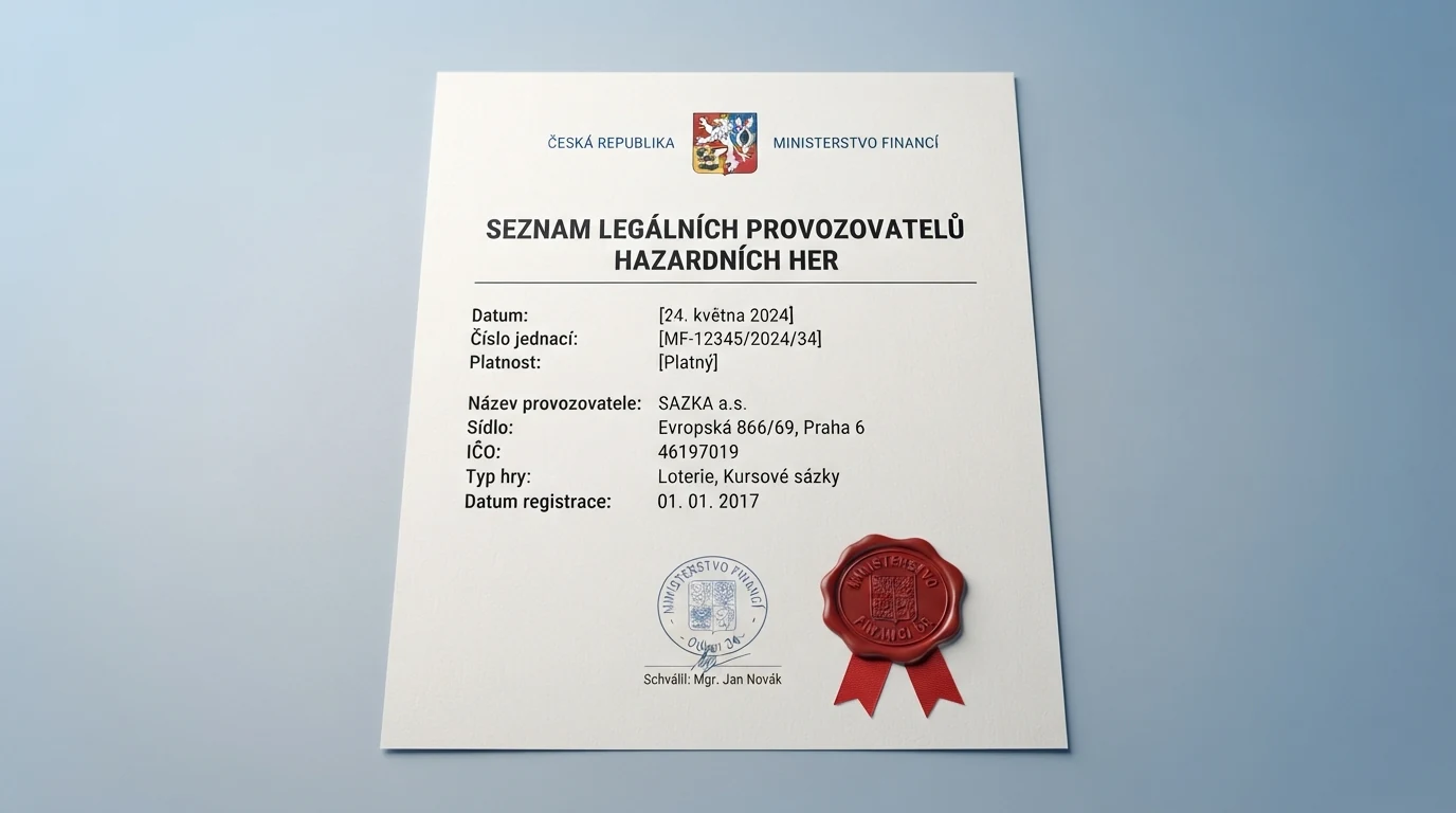 Úřední dokument s logem Ministerstva financí ČR a razítkem potvrzujícím licenci provozovatele hazardních her