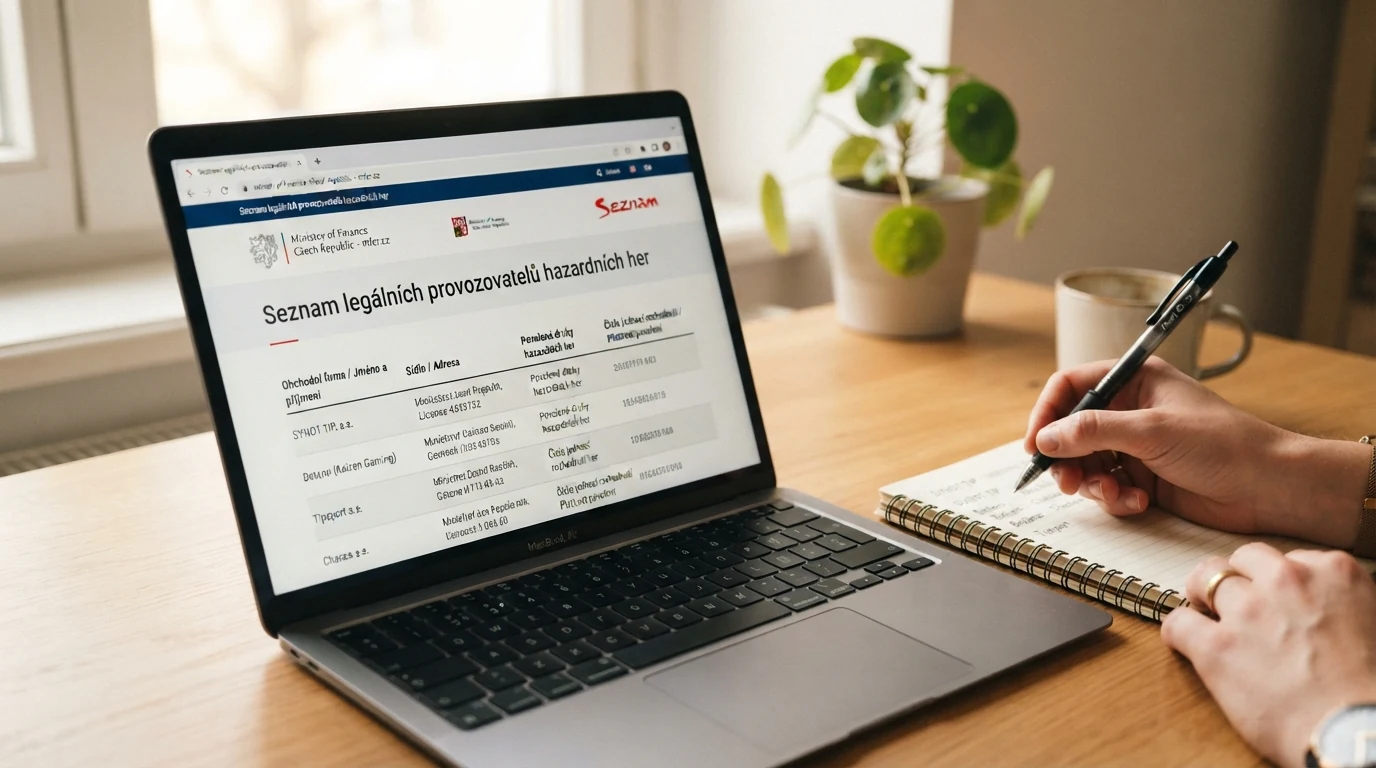 Výřez oficiálního Seznamu legálních provozovatelů hazardních her z webu Ministerstva financí ČR s viditelnými názvy licencovaných casin.