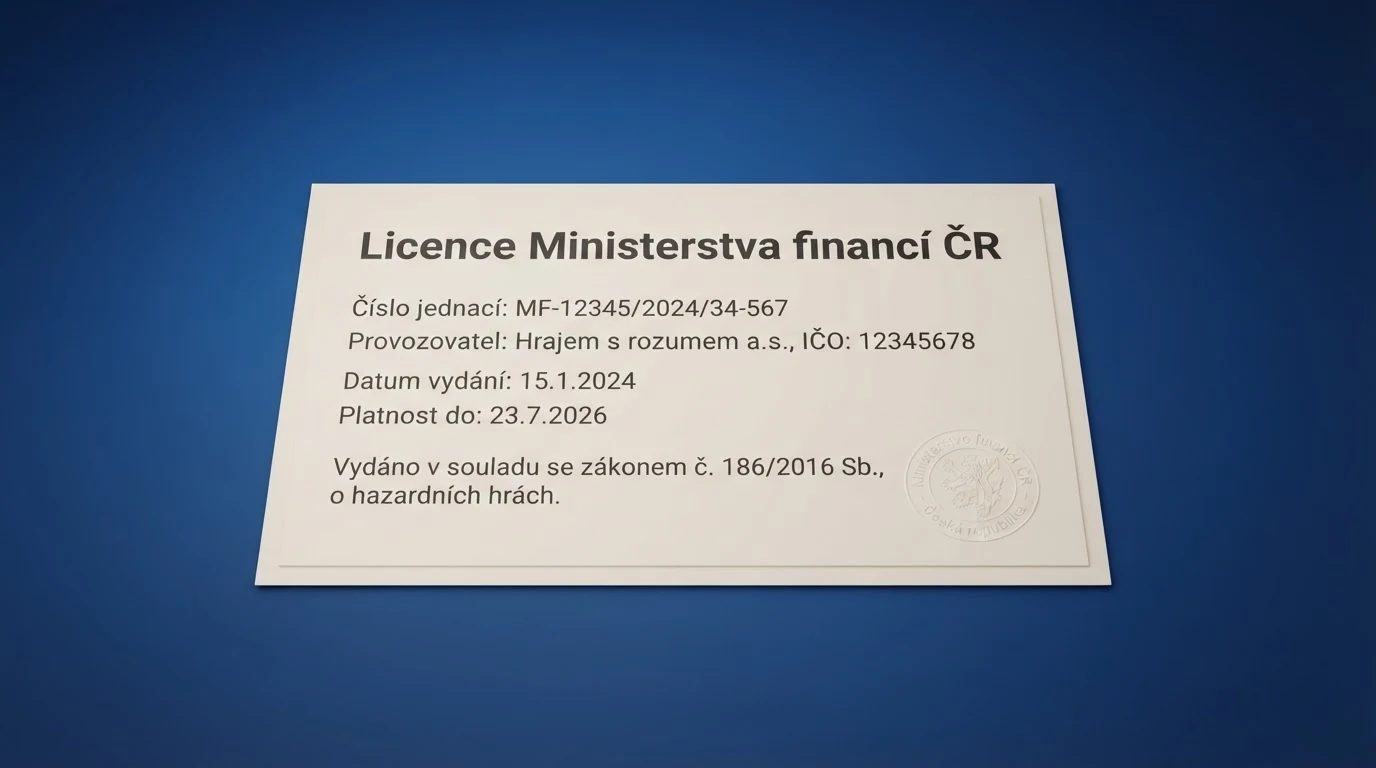 Úřední dokument s razítkem symbolizující českou licenci Ministerstva financí