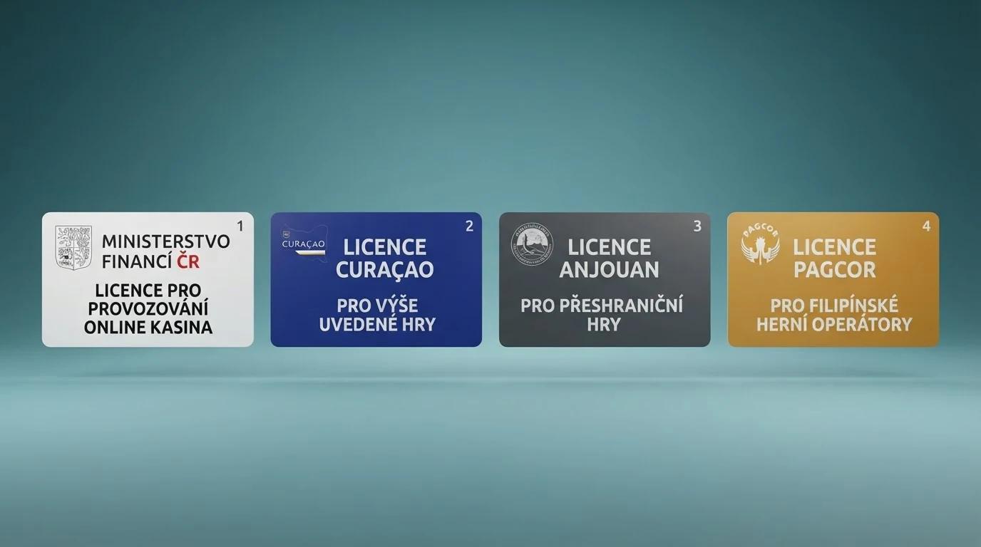 Infografika tří hlavních licenčních jurisdikcí zahraničních casin — Curaçao, Anjouan, PAGCOR — a jejich srovnání s českou licencí MF ČR