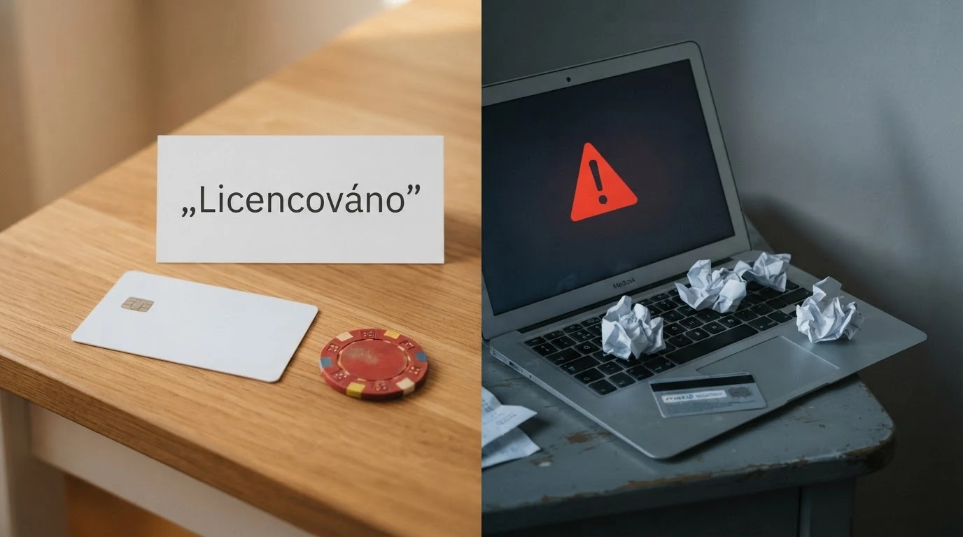 Rozdělená obrazovka — vlevo logo MF ČR a české licence, vpravo varovný symbol s nápisem „bez licence“