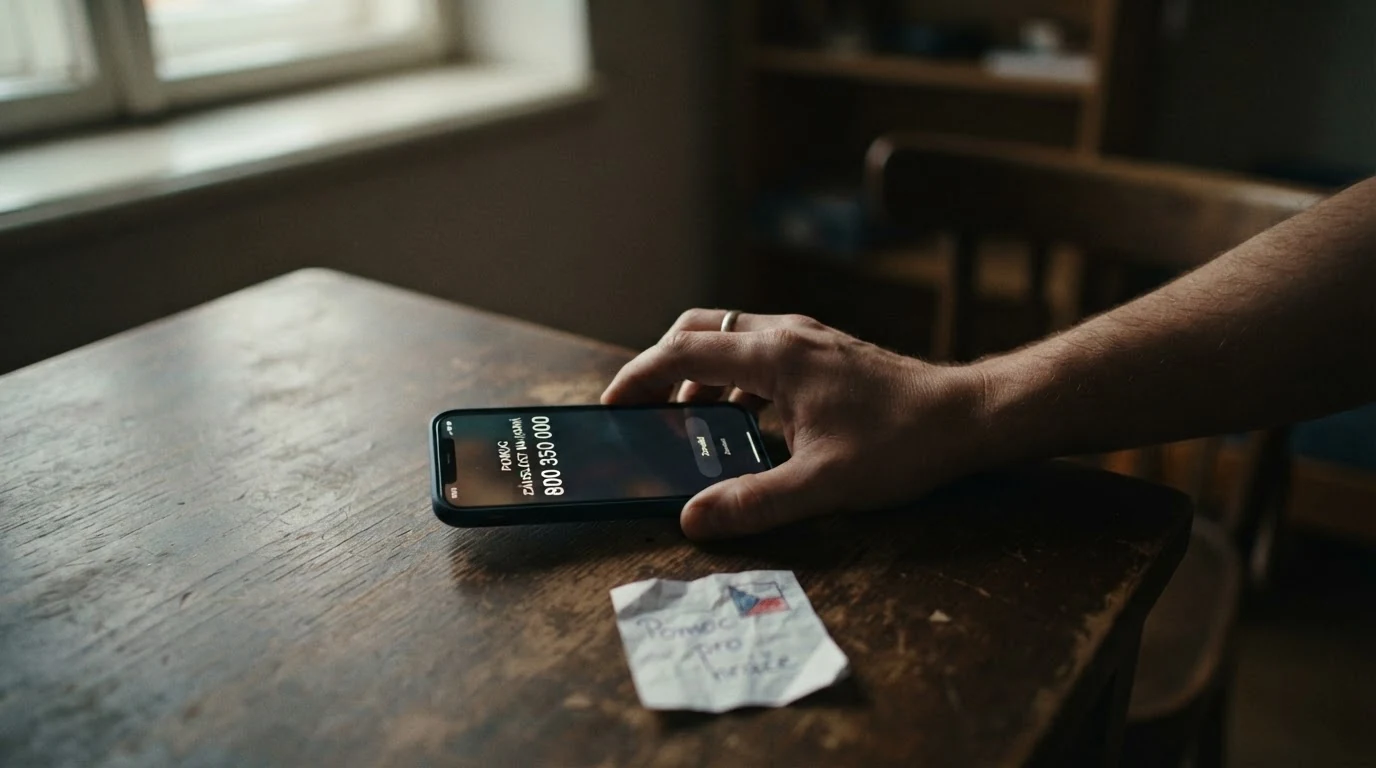 Telefon s vytočeným číslem krizové linky na displeji