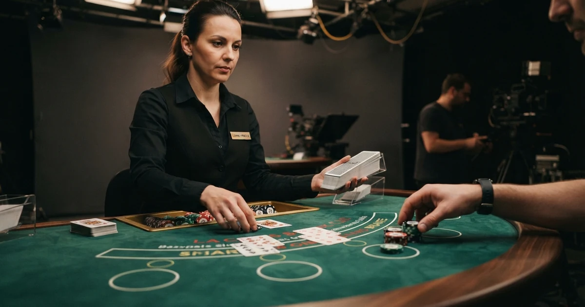 Živý krupiér rozdává karty u blackjackového stolu v nasvíceném profesionálním studiu s HD kamerami.
