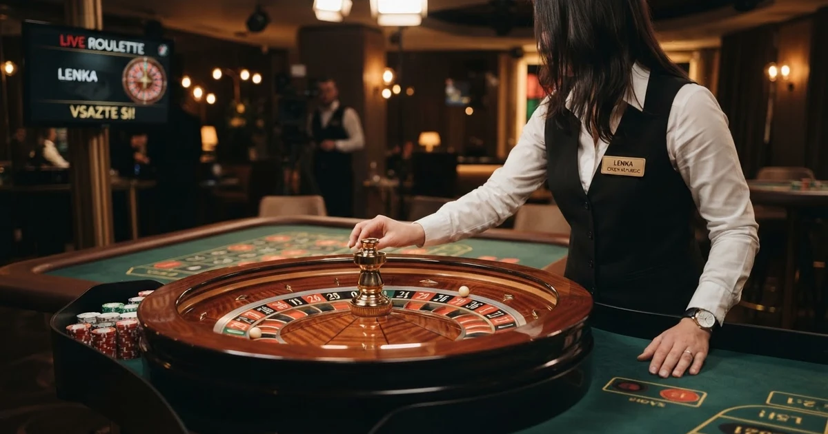 Živý krupiér u ruletového stolu ve studiu s kamerovým přenosem — české live casino