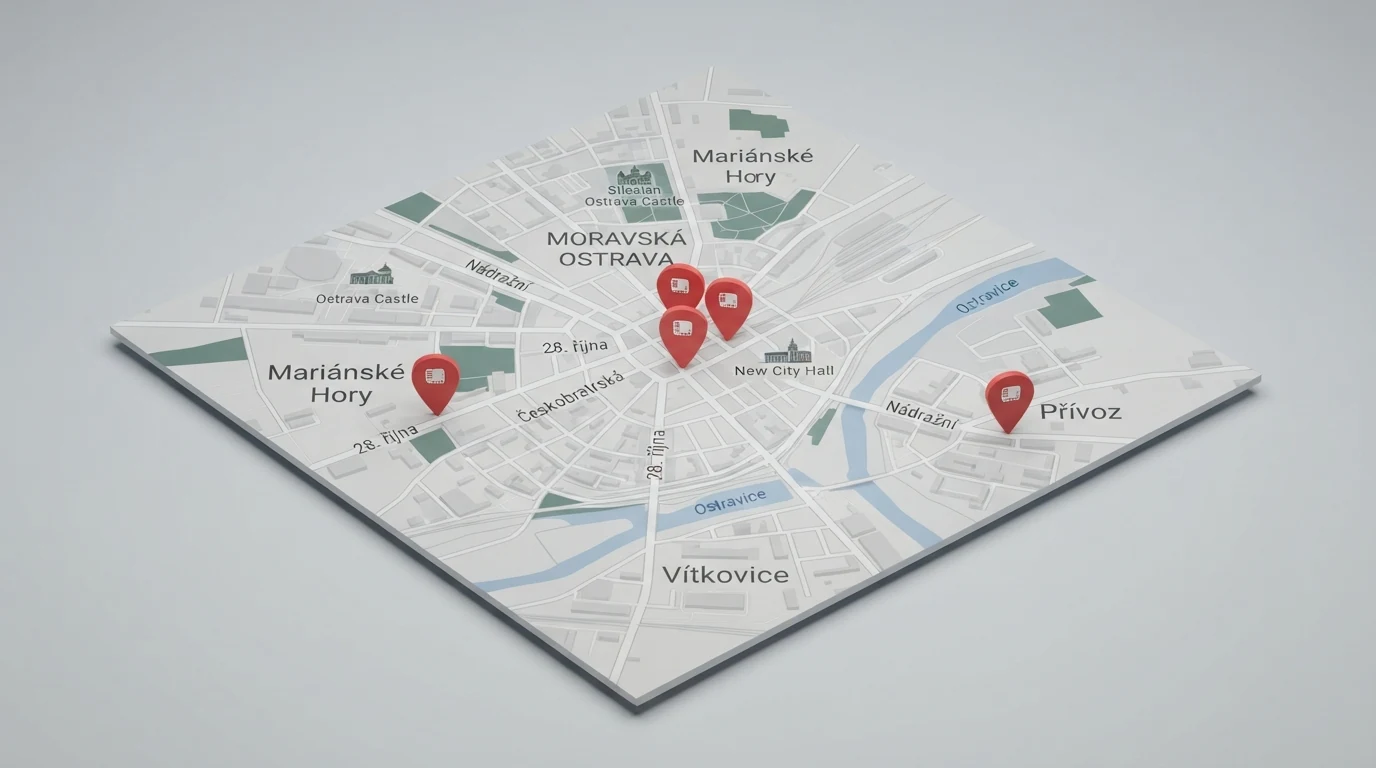 Mapa Ostravy s vyznačenými polohami pěti kamenných kasin