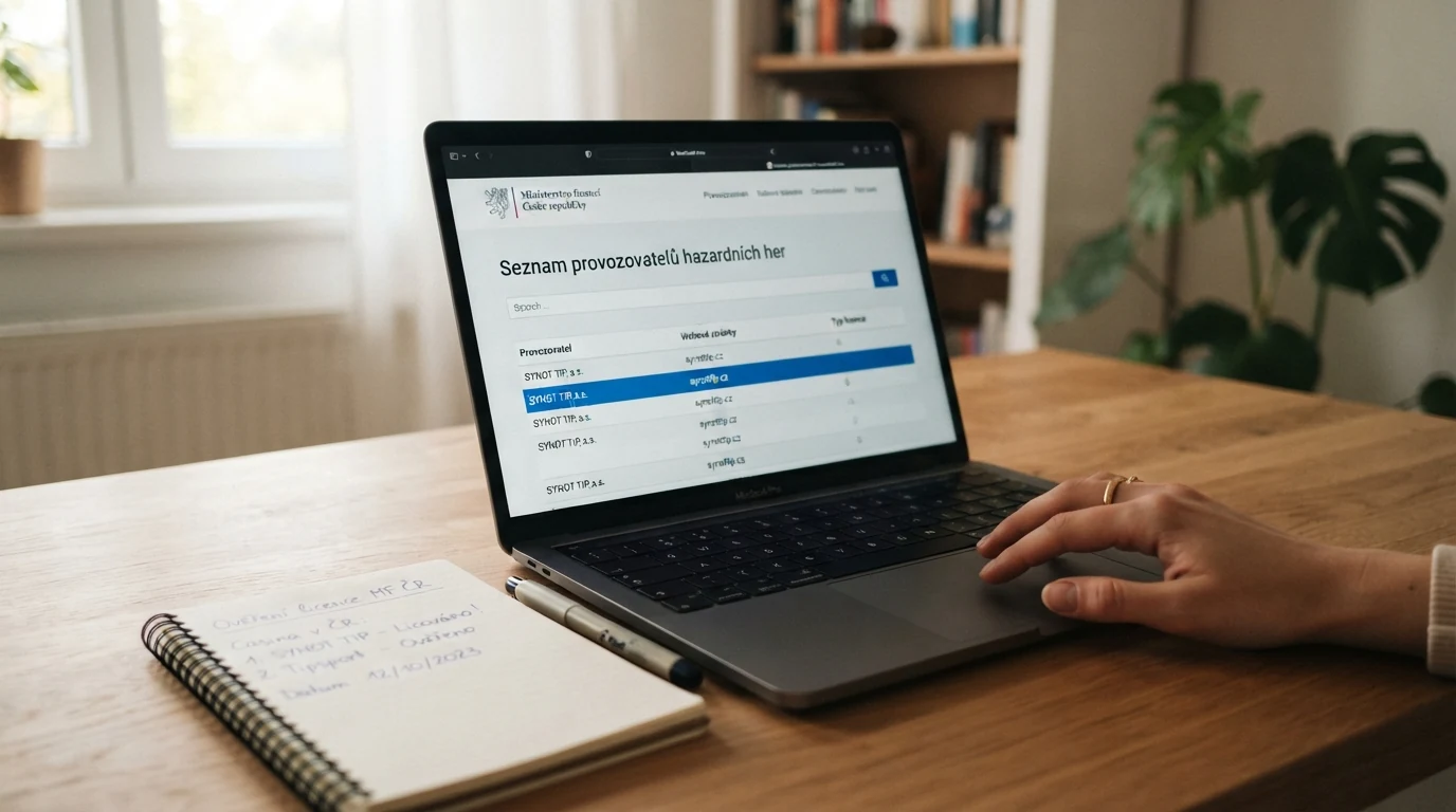 Ilustrace úřední listiny s logem Ministerstva financí ČR a razítkem vedle obrazovky s rozhraním pro ověření licence online casina