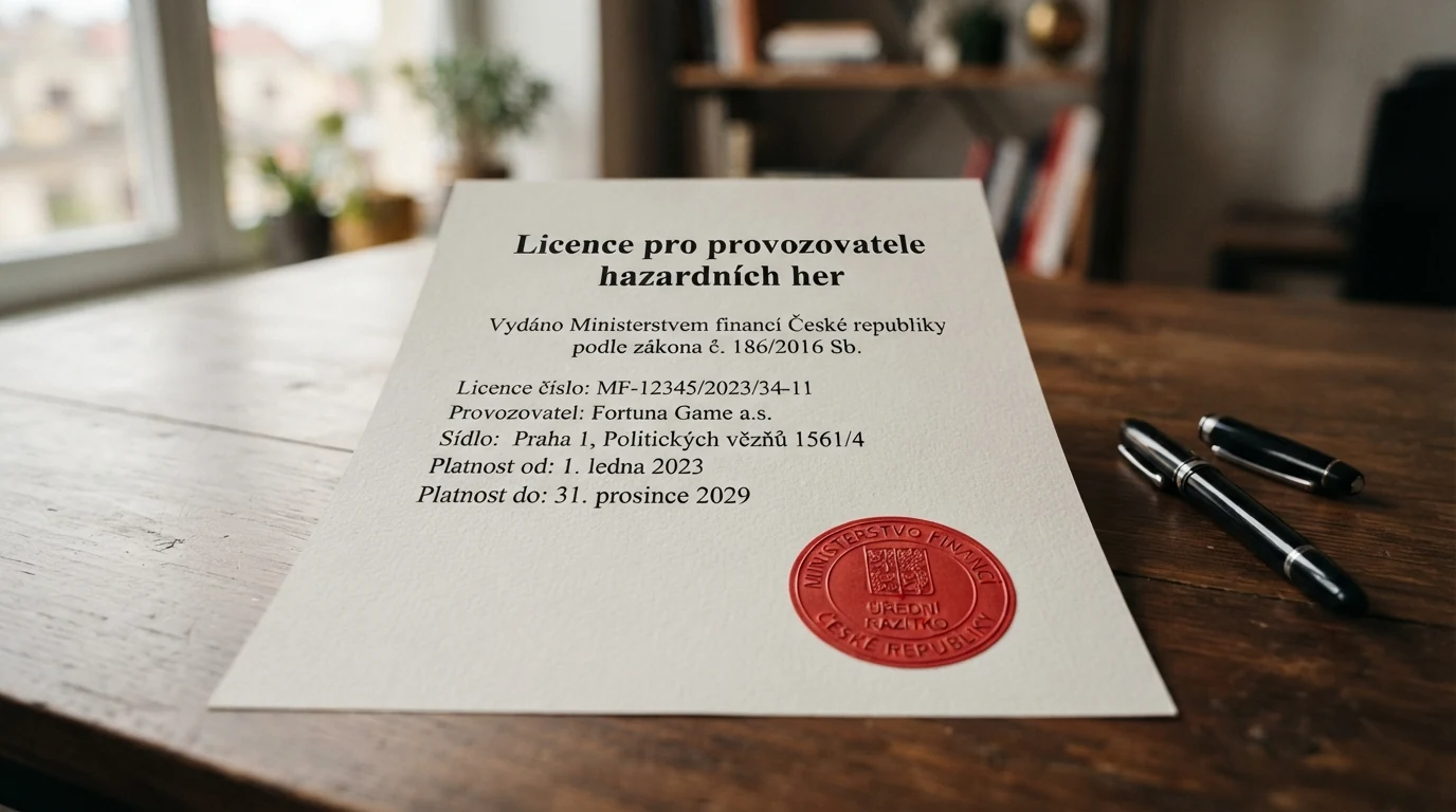 Dokument s českou licencí MFČR pro provozovatele hazardních her, vedle něj razítko Ministerstva financí