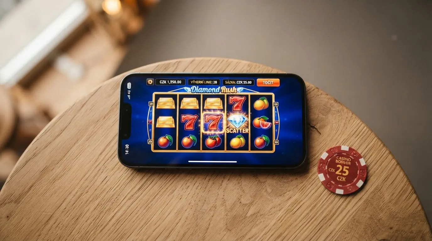 Mobilní telefon s otevřenou casino aplikací zobrazující hrací automat na displeji