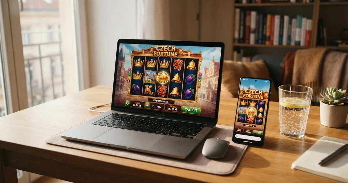 Roztočené válce online automatu na displeji notebooku, vedle mobil s kasinovou hrou a sklenice s pitím