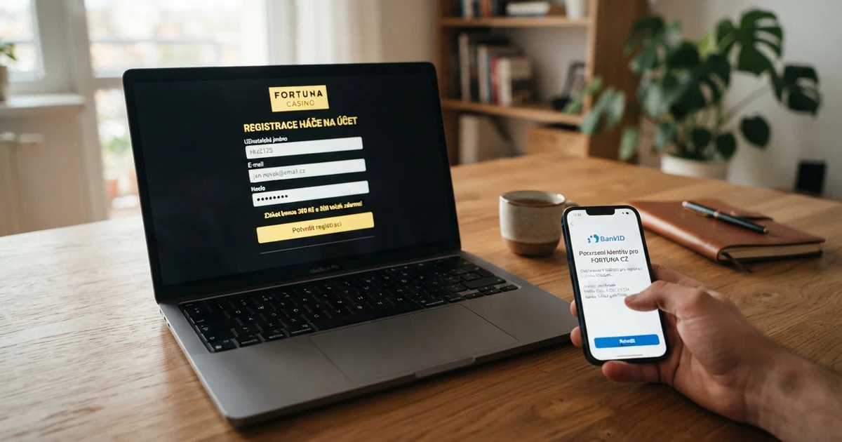 registrační formulář online casina na obrazovce notebooku, vedle něj mobil s BankID aplikací