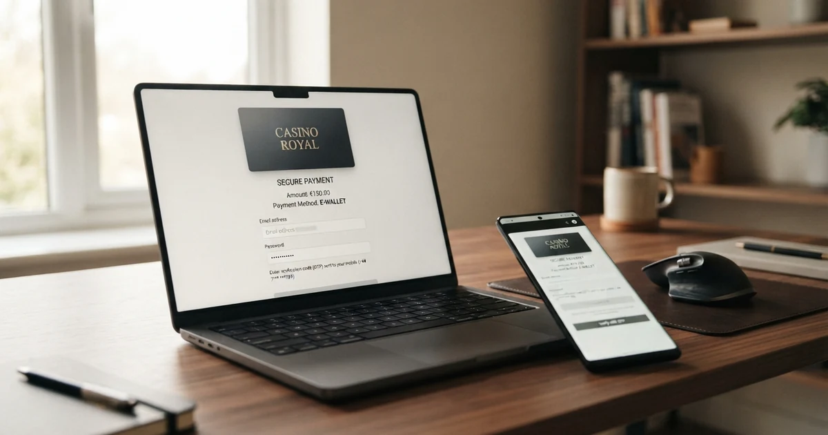 Přihlašovací obrazovka Neteller účtu na monitoru notebooku a vedle na displeji telefonu — logo Neteller, pole pro e-mail a heslo, náznak dvoufázového ověření
