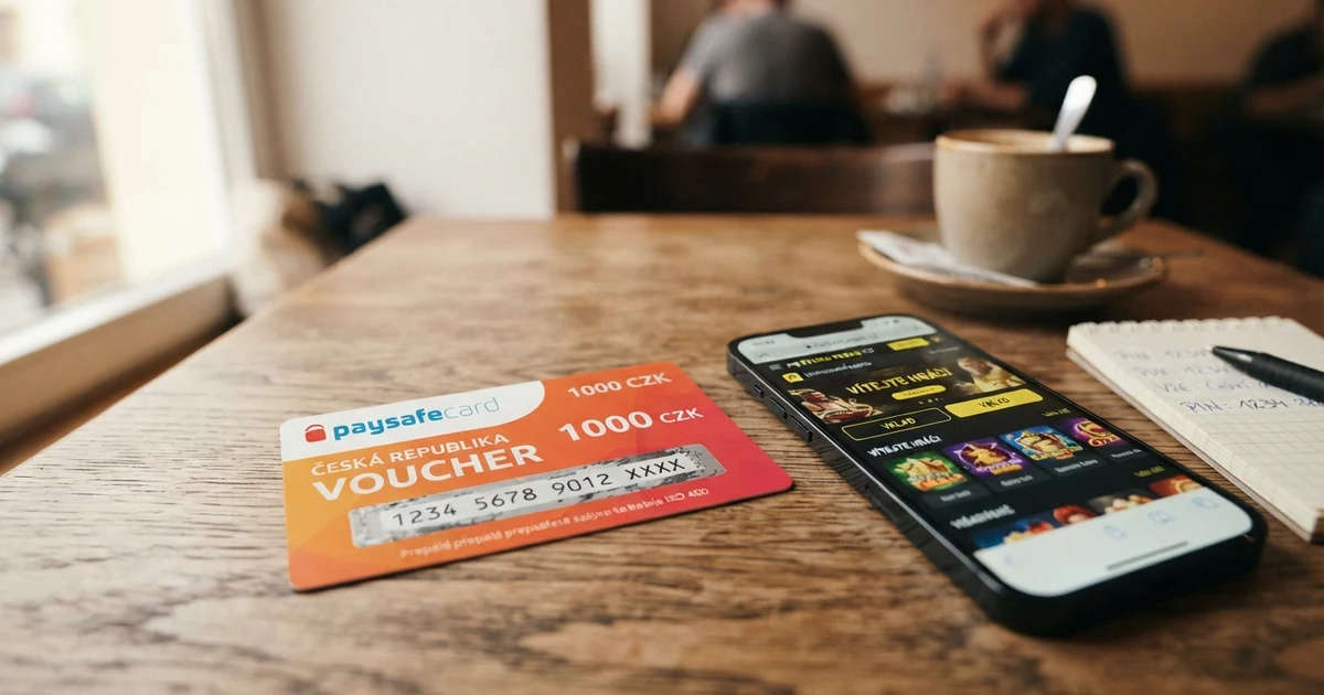 Barevný kupón Paysafecard s viditelným 16místným PIN kódem, položený na stole vedle chytrého telefonu s otevřenou stránkou online casina.