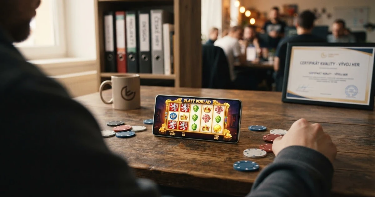 Koláž logotypů nejznámějších vývojářů casino her vedle ukázky herního rozhraní automatu