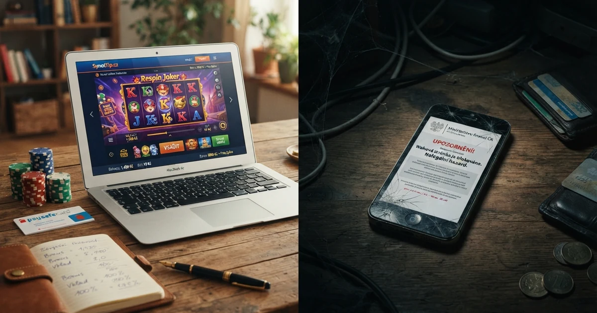 Rozdělená obrazovka: vlevo licencované online casino, vpravo varovná stránka blokovaného webu