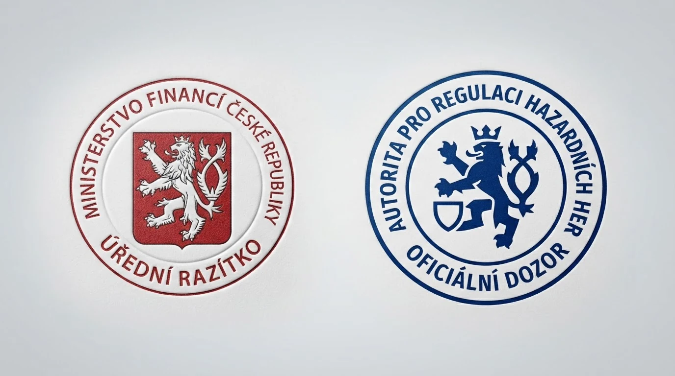 Úřední razítko Ministerstva financí ČR vedle loga Curaçao Gaming Control Board — dva světy, které se nepotkávají