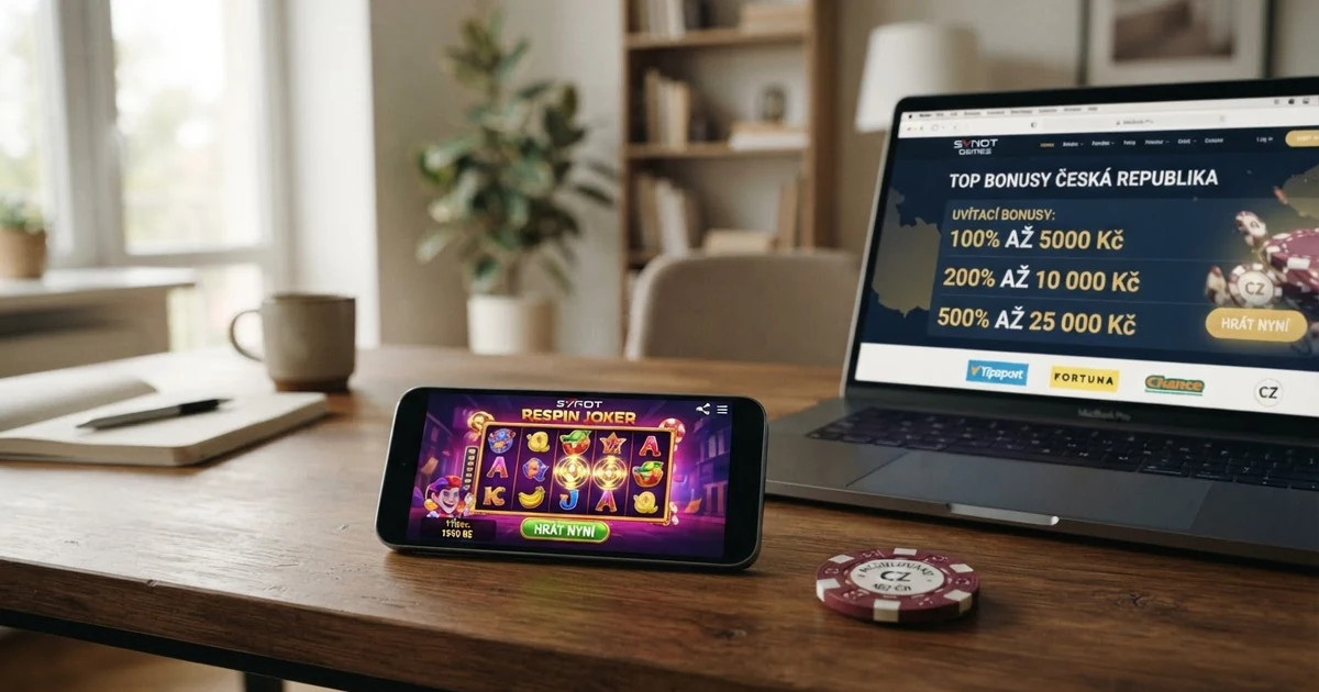 Ilustrace tří casino bonusových nabídek s procenty 100 %, 200 % a 500 % vedle sebe na obrazovce počítače a telefonu, v pozadí herní automat