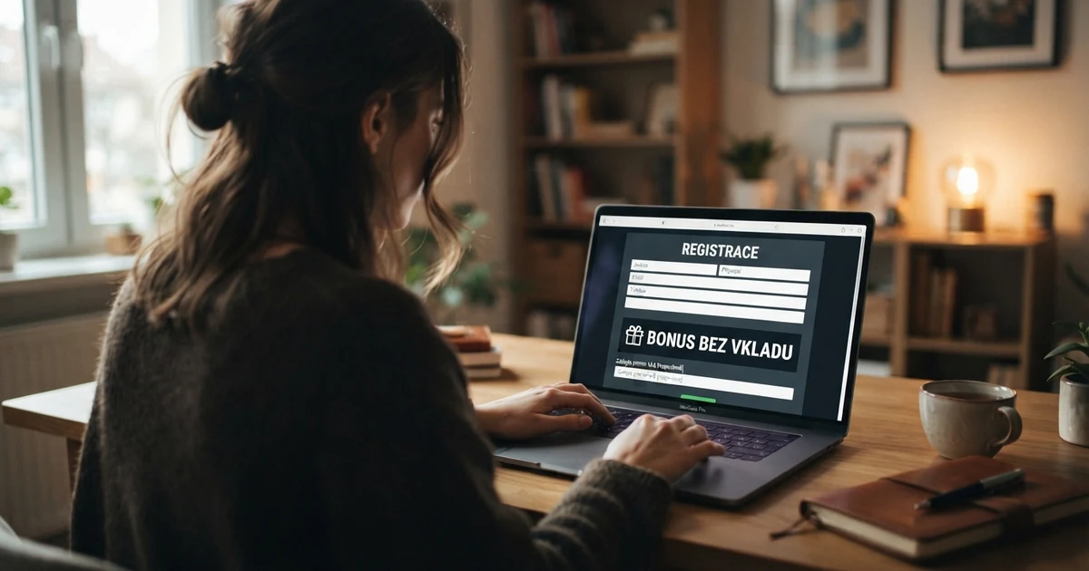 Hráč u notebooku si prohlíží registrační formulář online casina, na obrazovce je vidět pole pro zadání promo kódu a nápis „bonus bez vkladu“.
