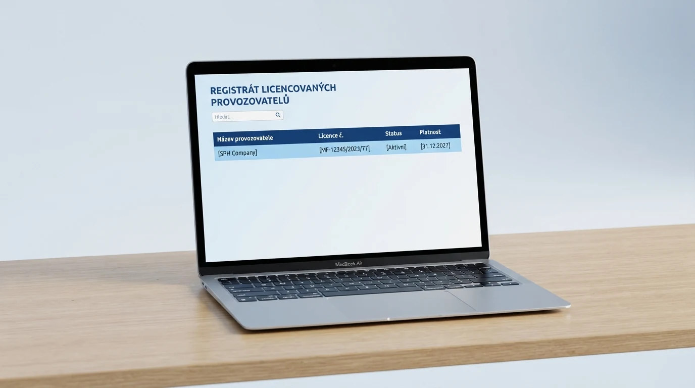 Ukázka výstupu z veřejného registru MF ČR s vyznačením, kde hráč najde číslo licence