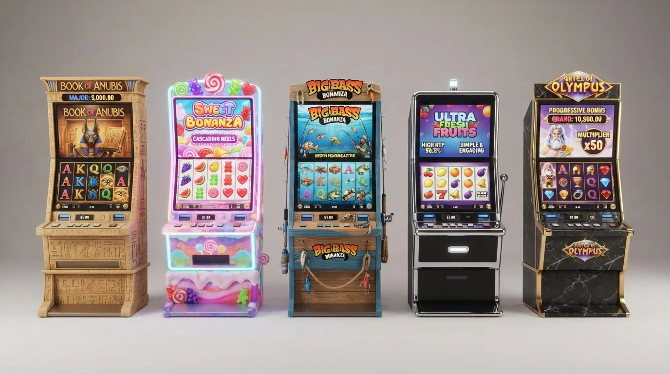 Koláž pěti vybraných automatů (Book of Dead, Sweet Bonanza, Big Bass Splash, Respin Joker, Valley of the Gods) s jejich RTP hodnotami