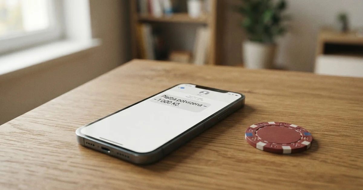 Mobilní telefon zobrazující potvrzovací SMS zprávu platby přes NetEraPay, vedle něj leží česká platební karta — kontrast mobilní a tradiční platební metody