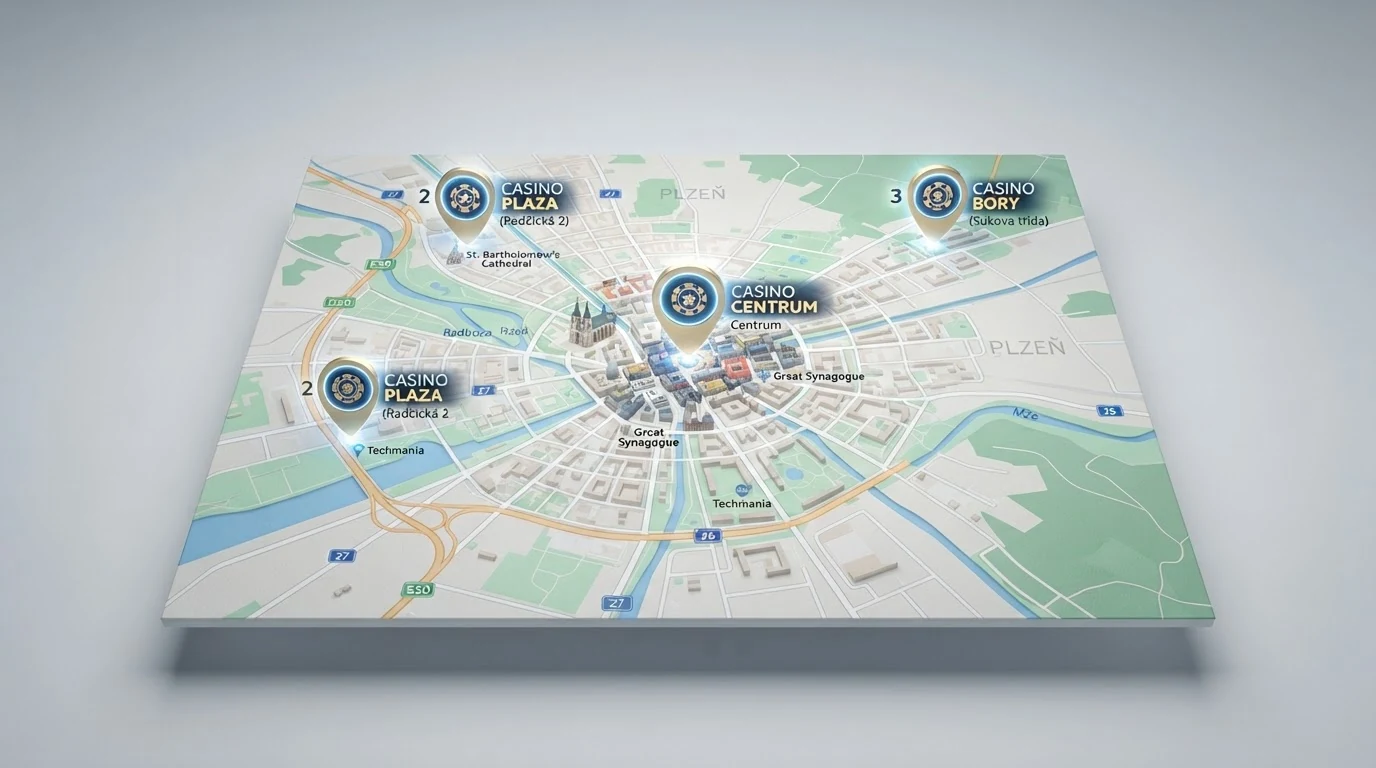 mapa Plzně s vyznačenými třemi lokalitami kasinových provozoven