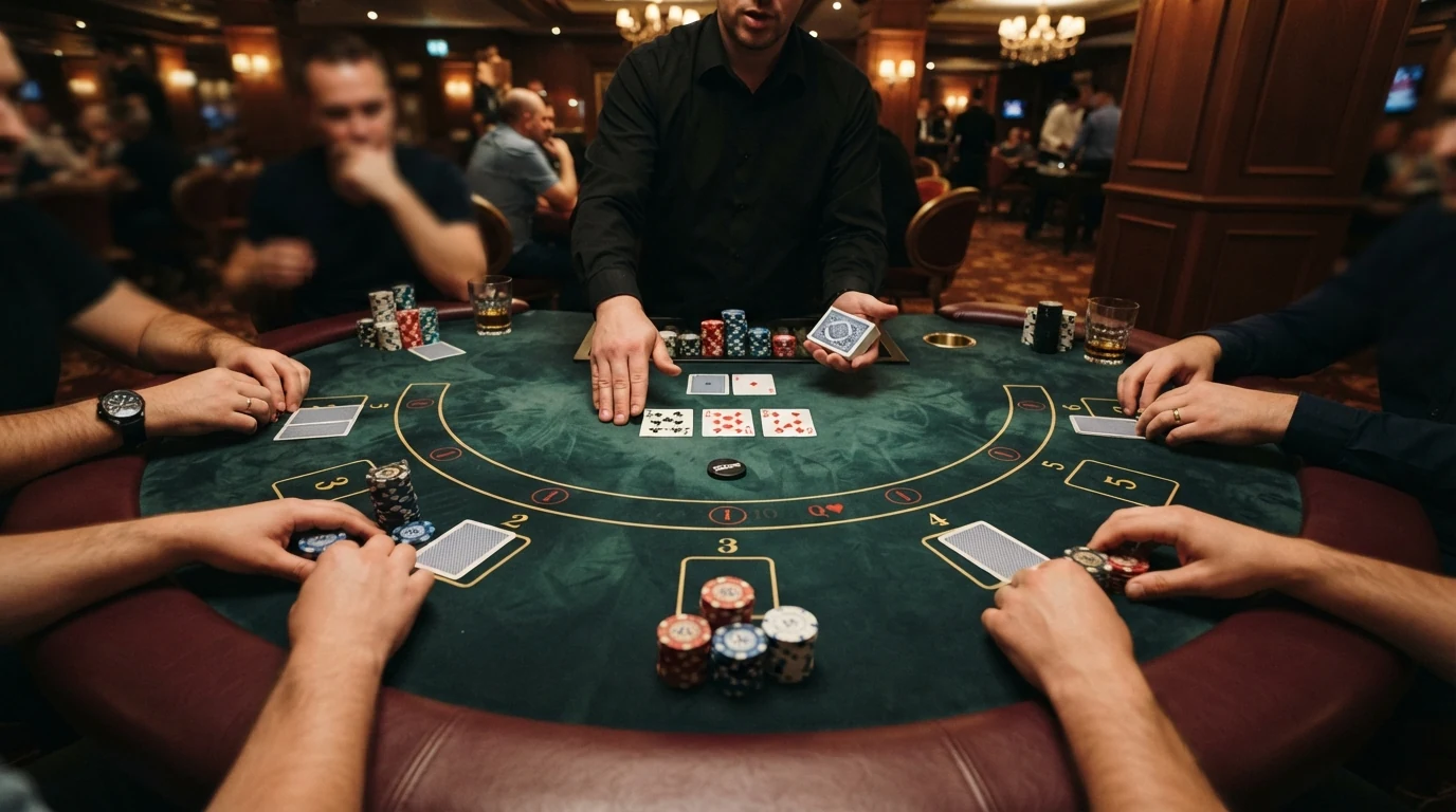 Pokerový stůl s krupiérem a hráči v ostravském kasinu