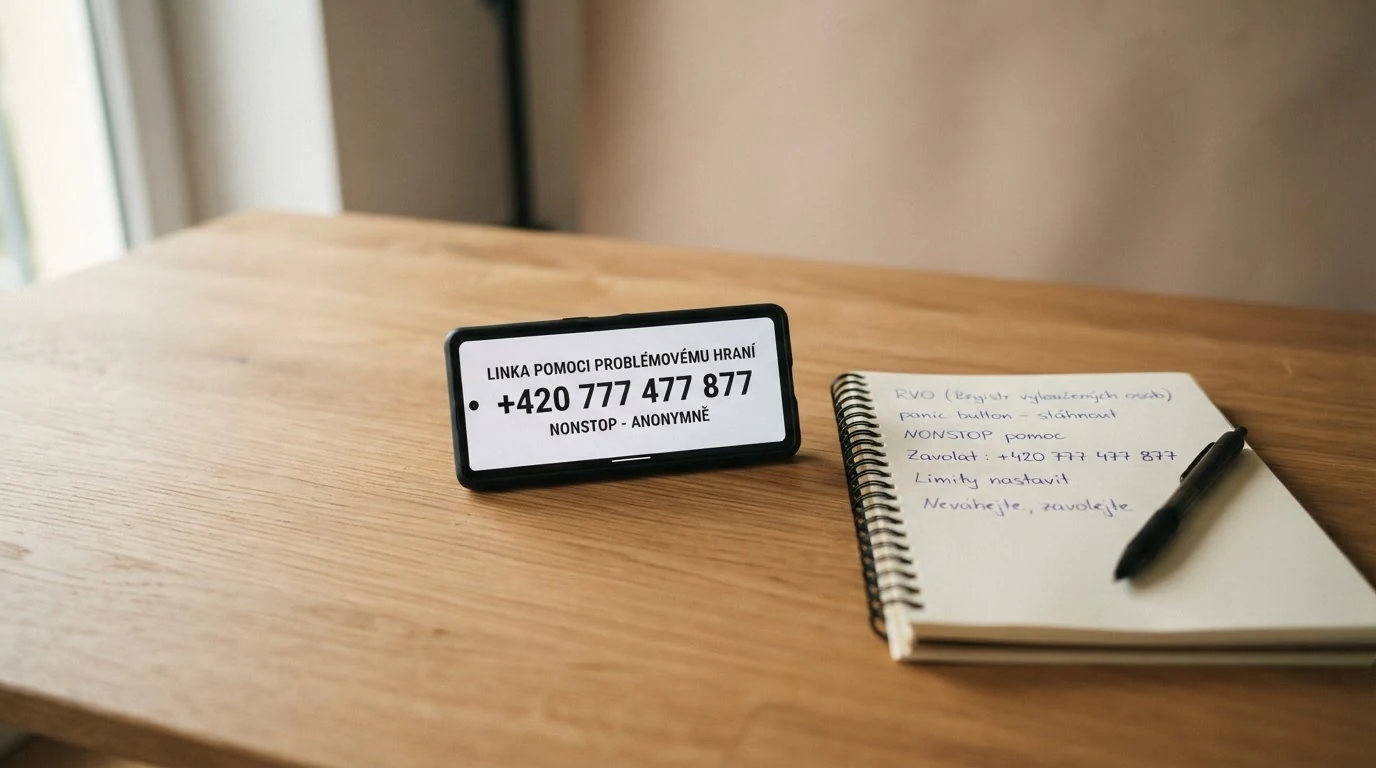 Telefon s vytočeným číslem linky pomoci na displeji, vedle něj poznámkový blok s hesly RVO, panic button a NONSTOP