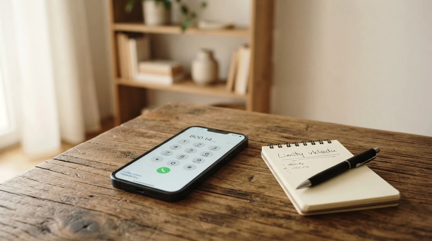 Telefon s vytočeným číslem linky pomoci a poznámkou o limitech vkladu