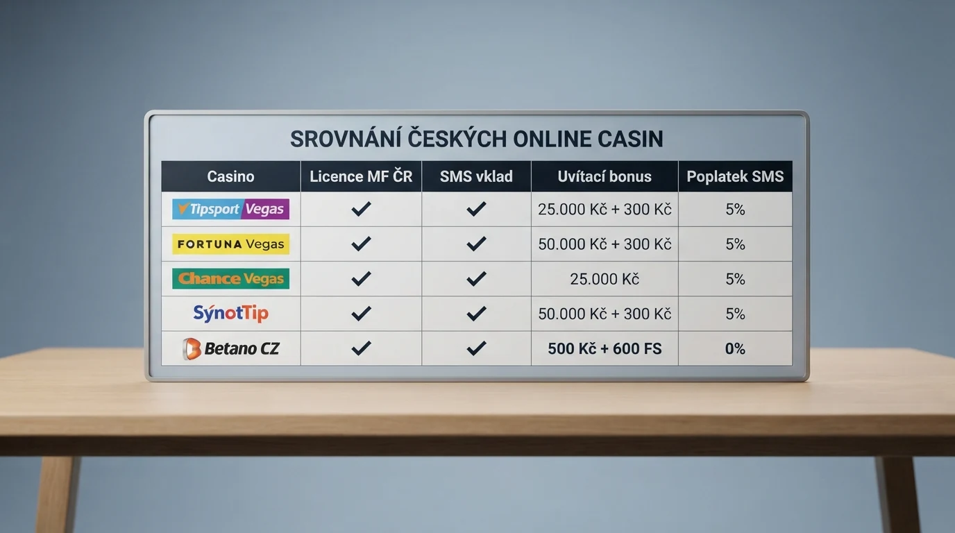 Srovnávací tabulka deseti casin s údaji o licenci, způsobu SMS vkladu, bonusu a poplatku