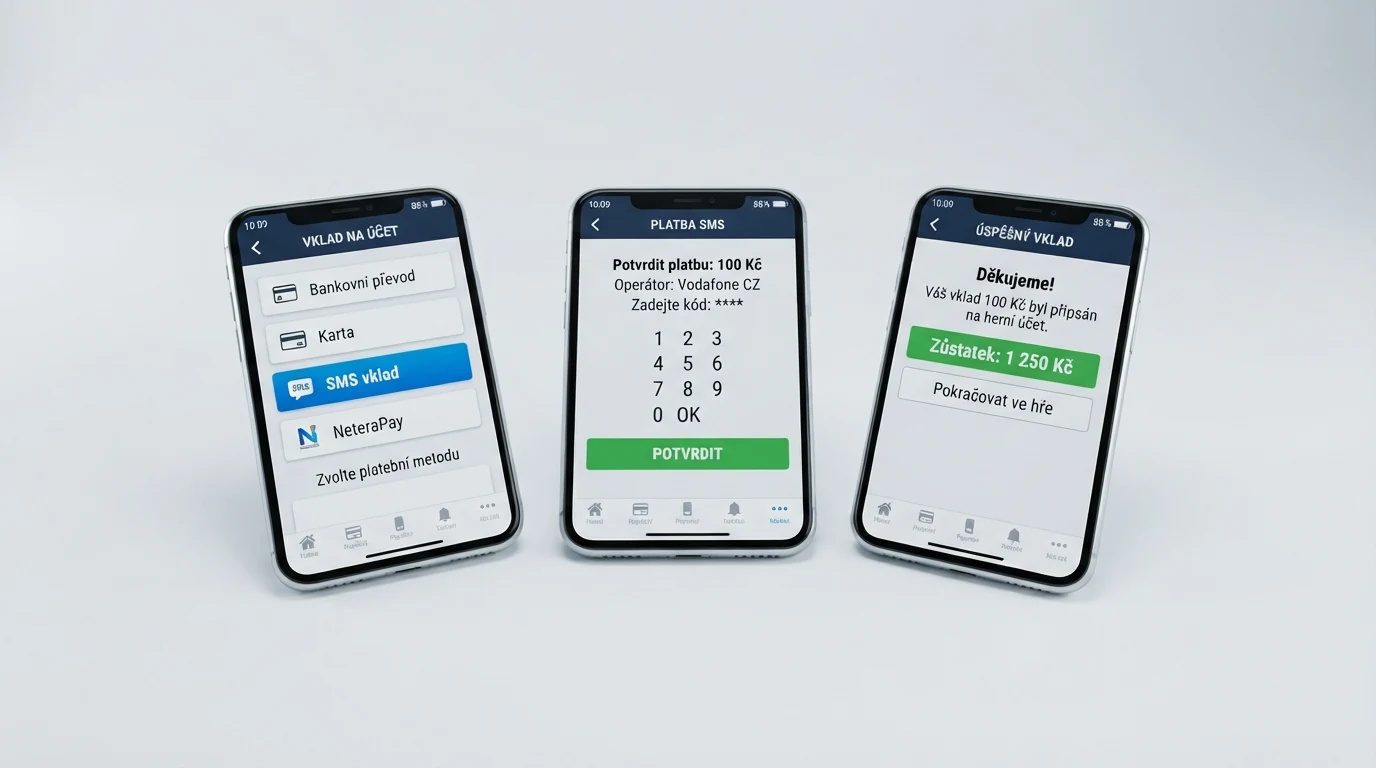 Tři kroky SMS vkladu: mobil s odeslanou SMS, logo NeteraPay nebo operátora jako zprostředkovatele, a herní účet s připsaným kreditem